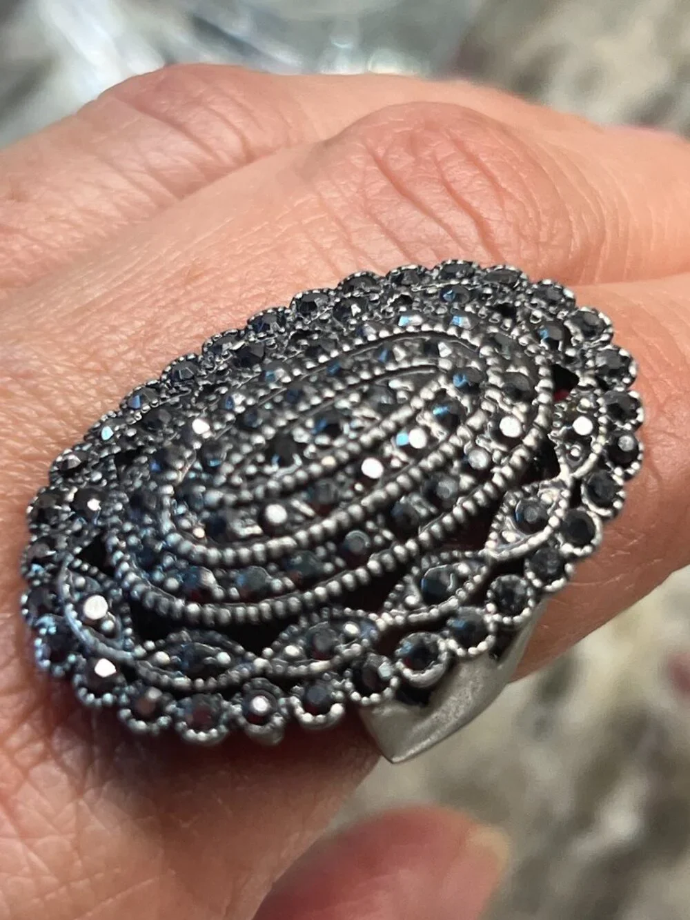 Vintage Marcasite Style Statement Cocktail Ring - Oxidized Black Oval SIZE 6.5/7